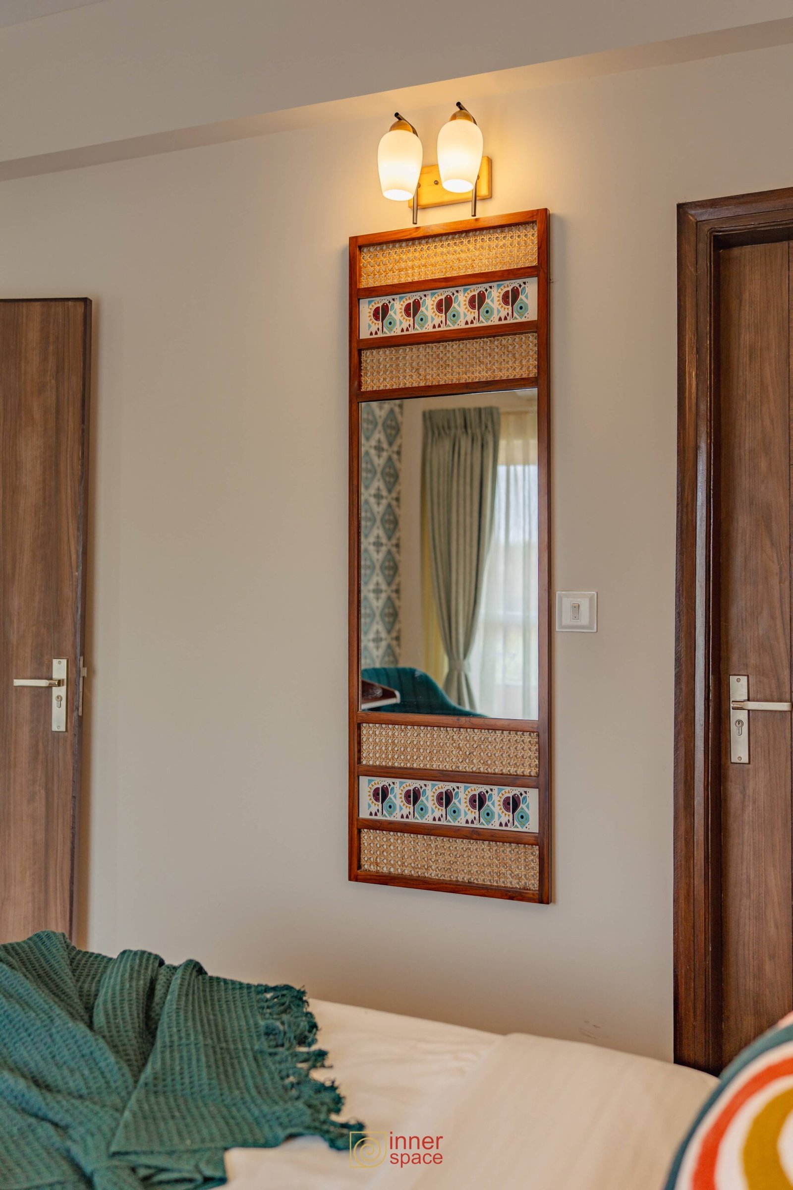 Airbnb second home interior design in goa: Wall mirror with patterned