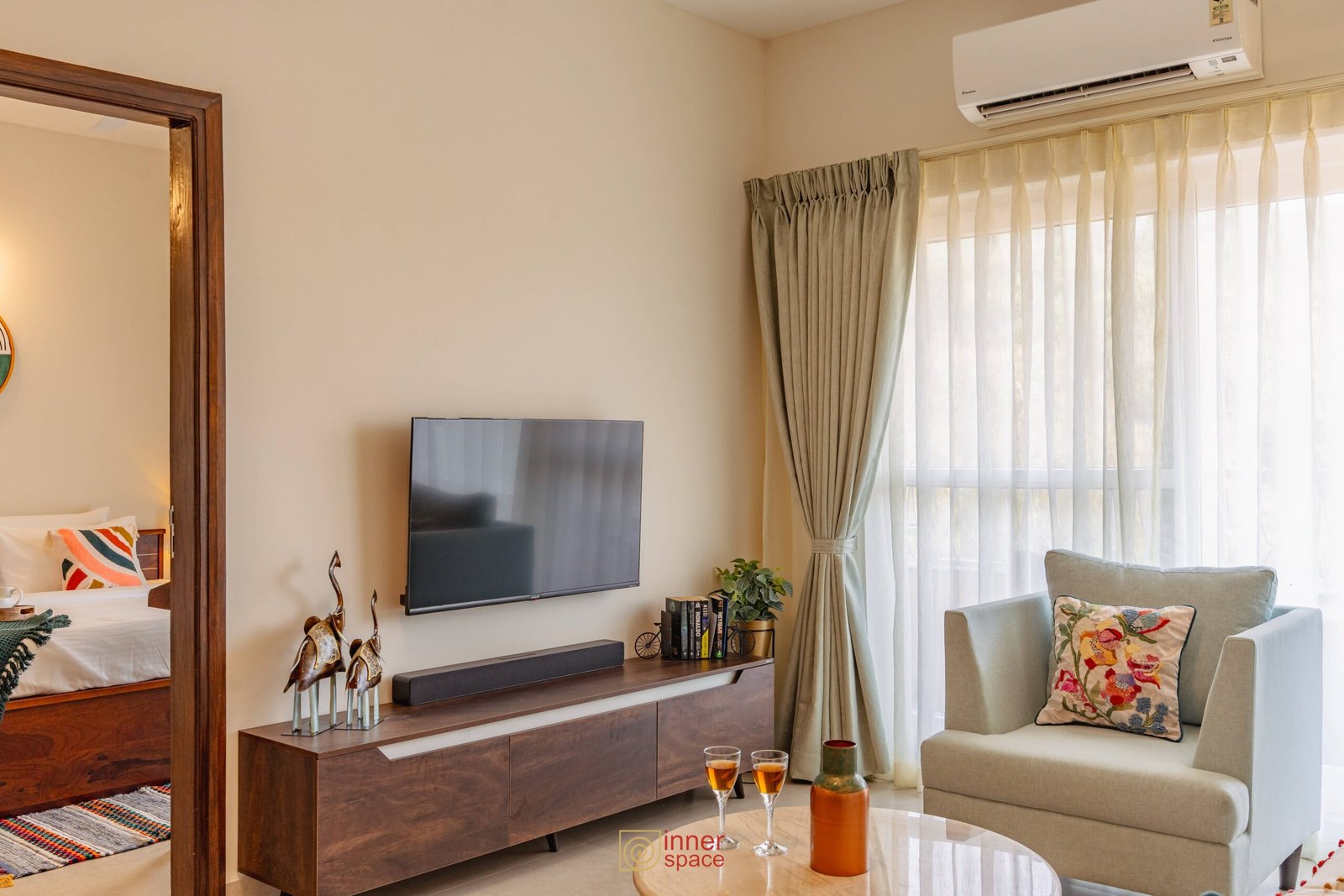 Goa Airbnb, second home interior design in goa. Modern living room wi